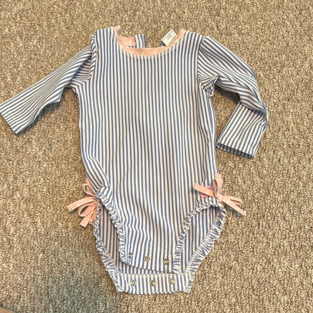 Ruffle butts Striped Blue and Pink and white baby swimsuit